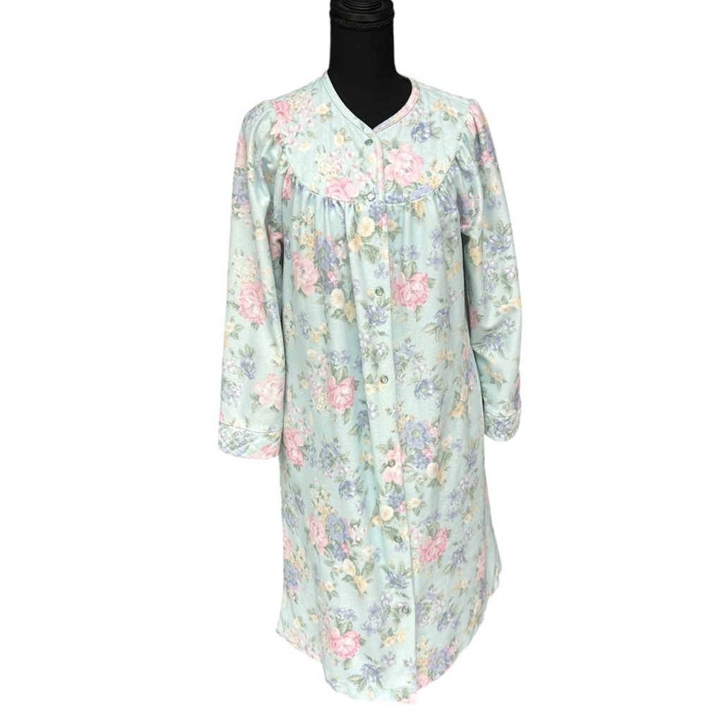Carriage Court Blue Floral Button Front Nightgown Petite Cozy Flannel House Robe - Picture 6 of 11